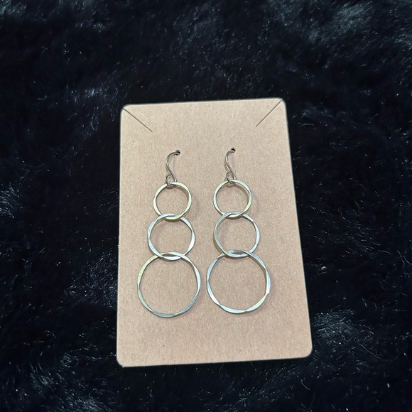 Triple Hoop Drop Earrings – Hammered Silver Tone - Picture 2 of 3